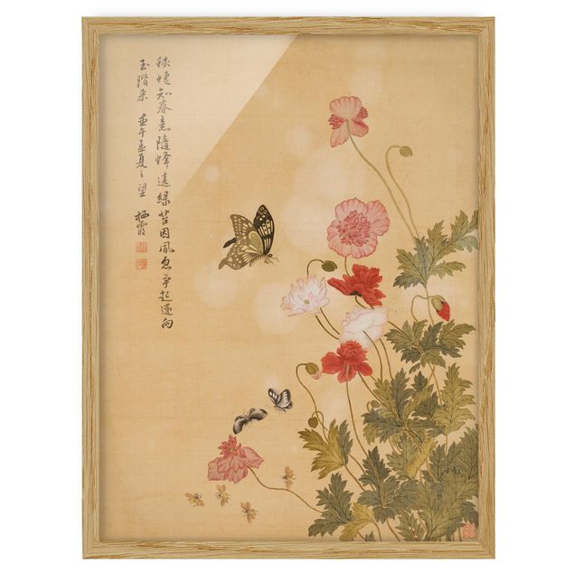 Poster con cornice - Yuanyu Ma - Papaveri e farfalle - Verticale 4:3
