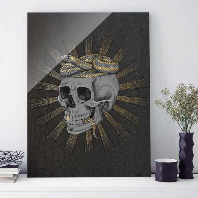 Quadro in vetro - Illustrazione Cranio e serpente Black Gold - Verticale 4:3