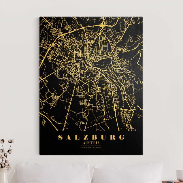 Stampa su tela oro Mappa di Salisburgo - Nero classico