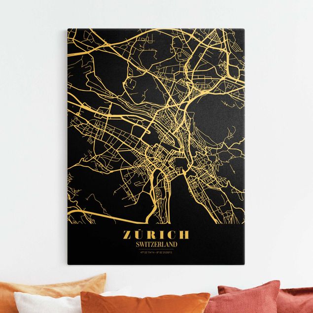 Stampe su tela oro Mappa della città di Zurigo - Nero classico