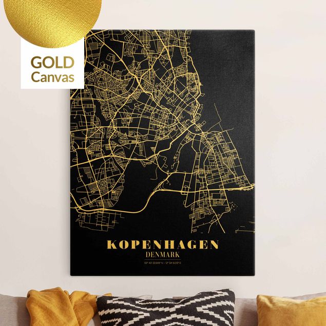 Stampa su tela bianco e nero Mappa della città di Copenaghen - Nero classico