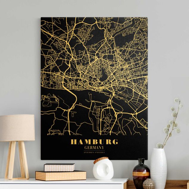 Tela mappamondo Mappa di Amburgo - Nero classico