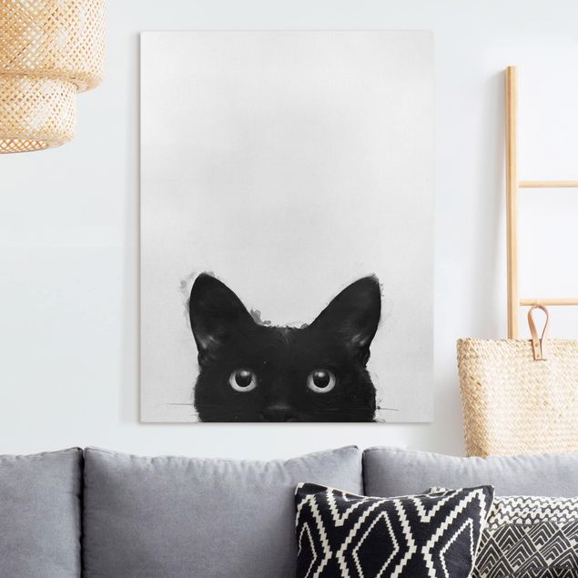 Stampa su tela Illustrazione - Gatto nero su pittura bianca
