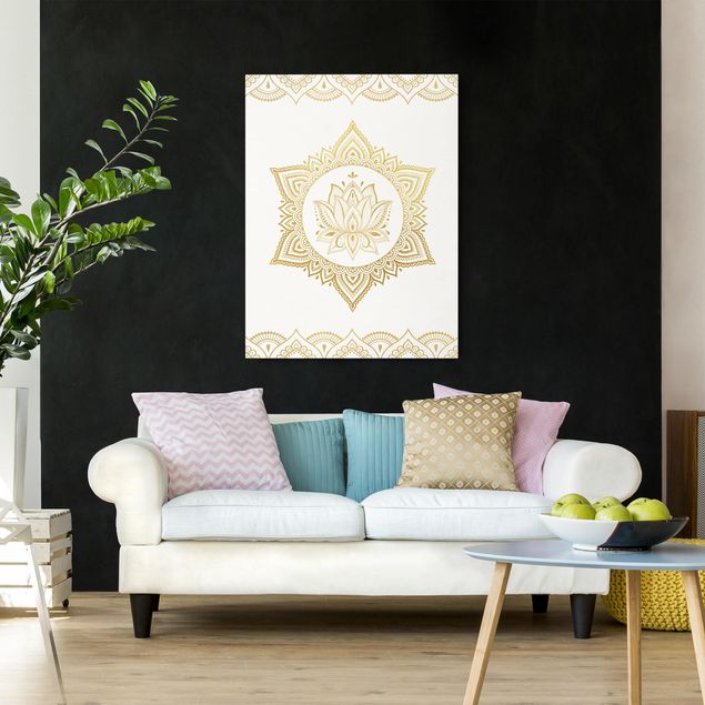 Stampa su tela - Mandala Lotus illustrazione ornamento oro bianco - Verticale 4:3