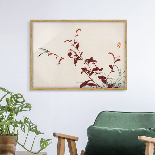 Quadri animali Disegno vintage asiatico ramo rosso con libellula