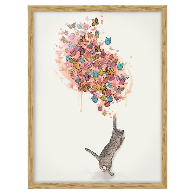Poster con cornice - Illustrazione del gatto con farfalle colorate Pittura - Verticale 4:3