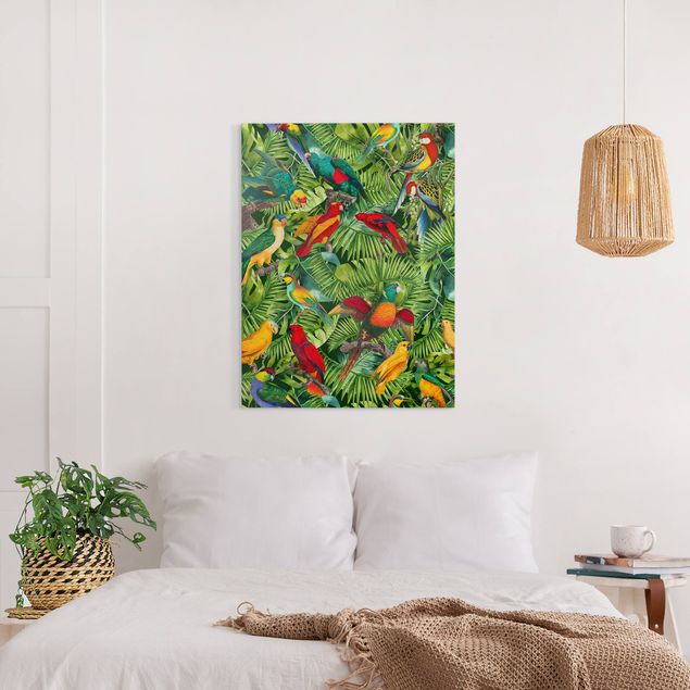 Quadro su tela fiori Collage colorato - Pappagalli nella giungla