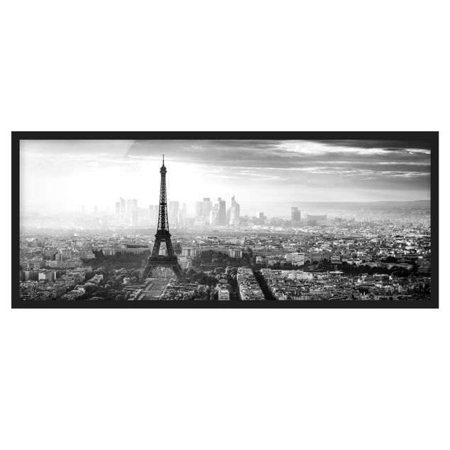 Poster con cornice - La Torre Eiffel dall'alto in bianco e nero - Panorama formato orizzontale