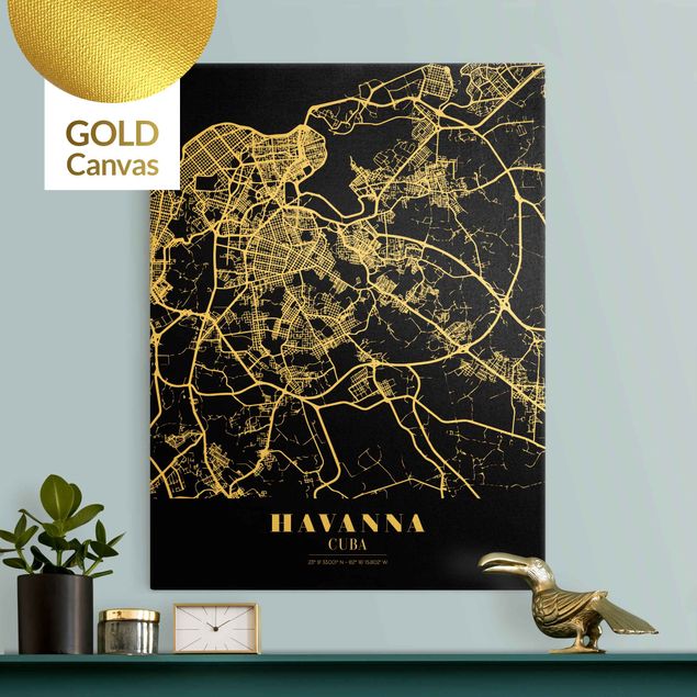 Tela mappamondo Mappa della città di L'Avana - Nero classico