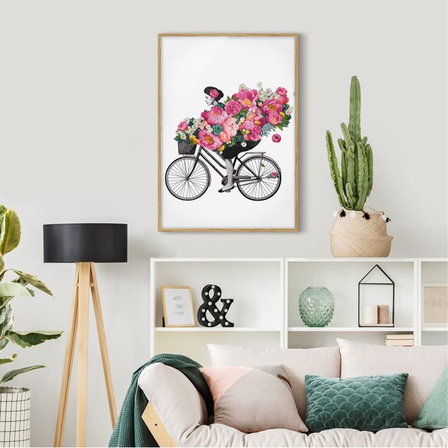 Poster con cornice - Illustrazione Donna in bicicletta Collage fiori variopinti - Verticale 4:3