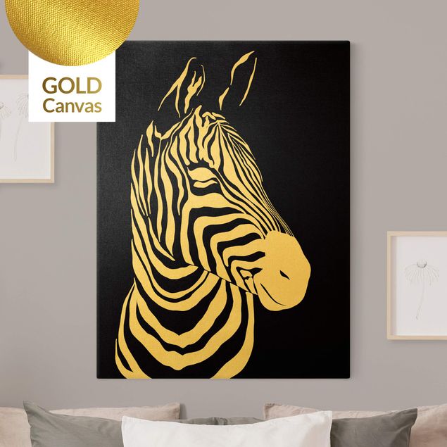 Stampa su tela oro Animali del Safari - Ritratto Zebra Nero