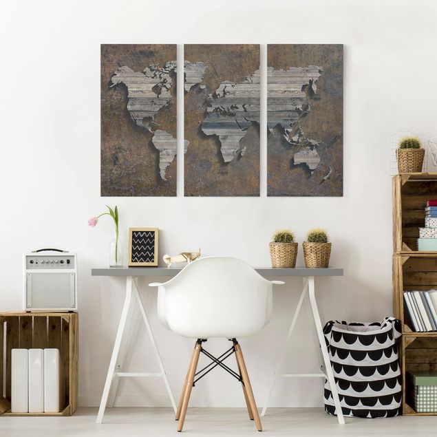 Quadri su tela Mappa del mondo con griglia di legno