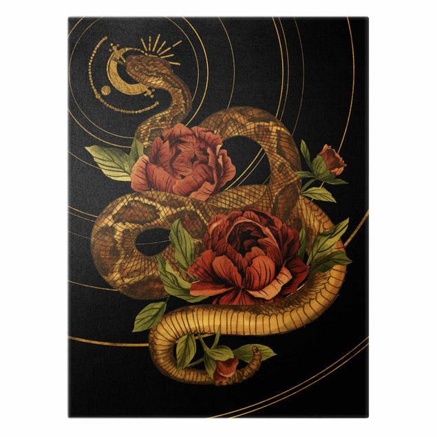 Stampe su tela Serpente con rose nero e oro I