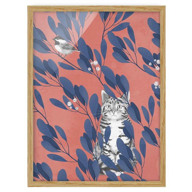 Poster con cornice - Illustrazione Gatto E uccello sul ramo Blu Rosso - Verticale 4:3