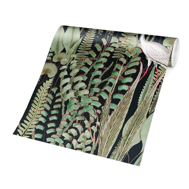 Carta da parati adesiva - Fenicottero e cicogna con piante su sfondo verde