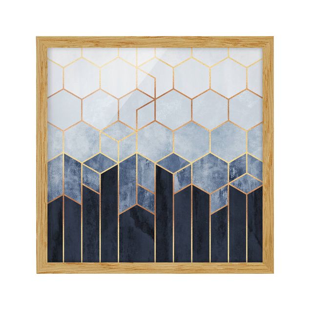 Poster con cornice - Oro Esagoni Blu Bianco - Quadrato 1:1