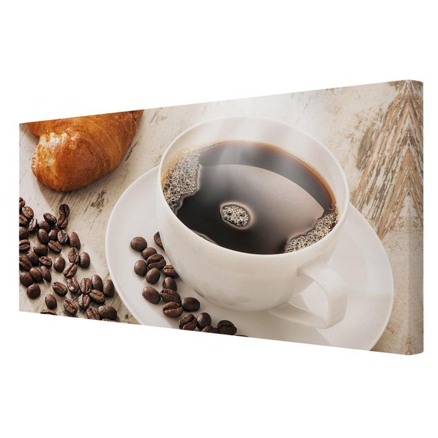 Stampa su tela - Steaming coffee cup with coffee beans - Orizzontale 2:1