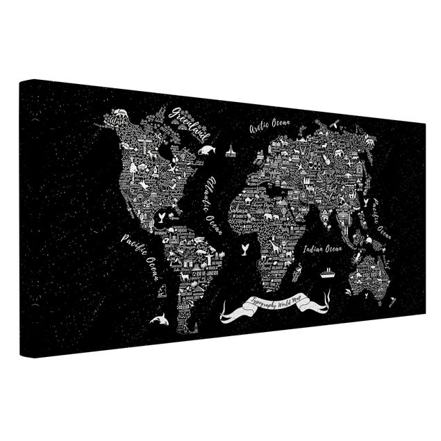 Quadri su tela Tipografia - Mappa del mondo nero