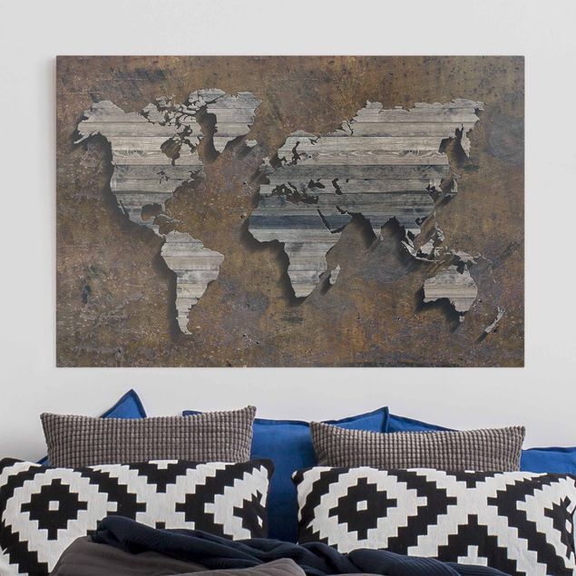 Tela mappamondo Mappa del mondo con griglia di legno