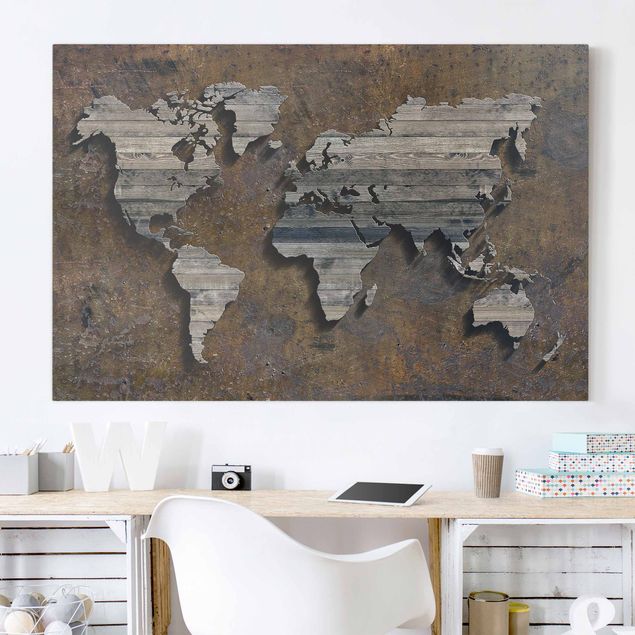 Quadri moderni per soggiorno Mappa del mondo con griglia di legno