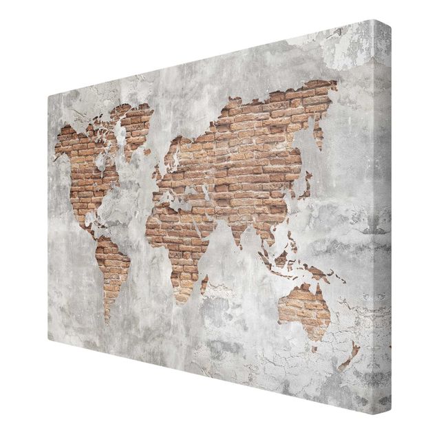Stampa su tela - Shabby Concrete Brick world map - Orizzontale 3:2