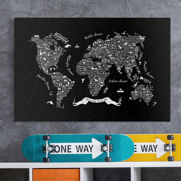 Tela mappamondo Tipografia - Mappa del mondo nero