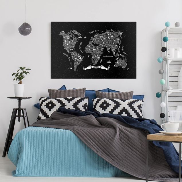 Quadri moderni per soggiorno Tipografia - Mappa del mondo nero