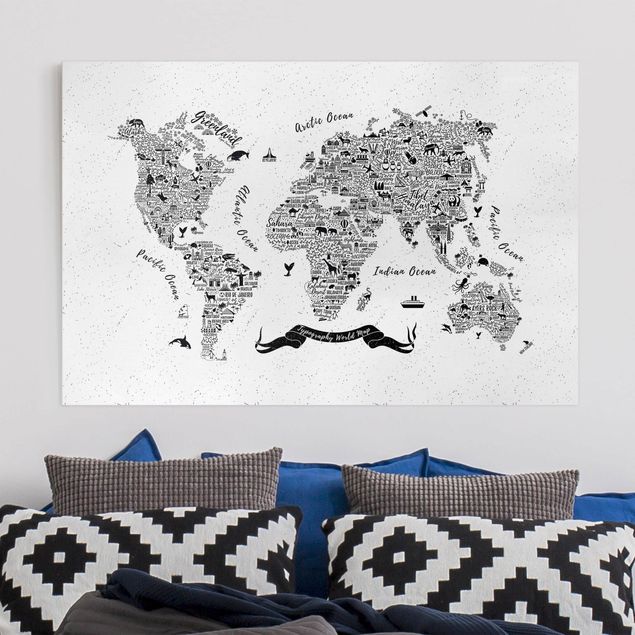 Stampa su tela bianco e nero Mappa del mondo - tipografica bianca