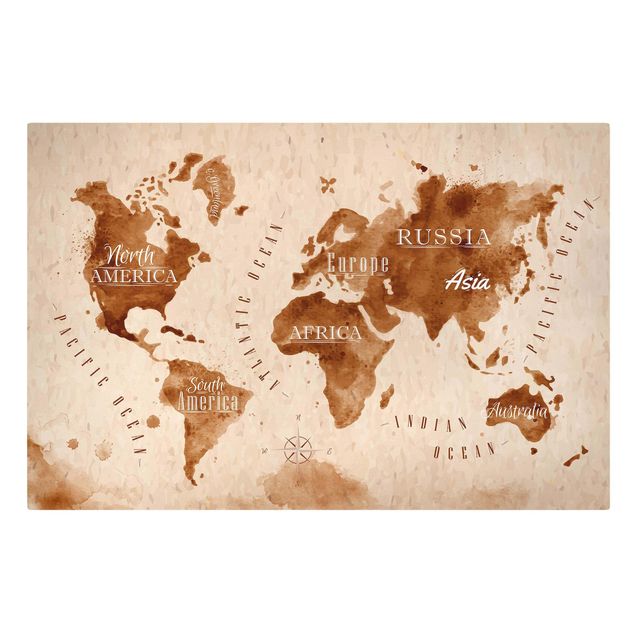 Stampa su tela - World Map watercolor beige brown - Orizzontale 3:2