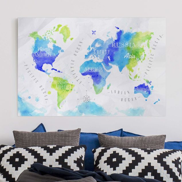 Tela mappamondo Mappa del mondo Acquerello Blu Verde