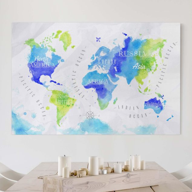 Riproduzioni su tela Mappa del mondo Acquerello Blu Verde