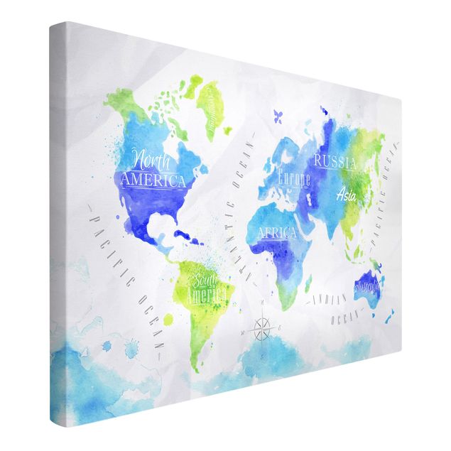 Stampa su tela Mappa del mondo Acquerello Blu Verde