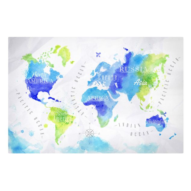 Stampa su tela - World Map watercolor blue green - Orizzontale 3:2