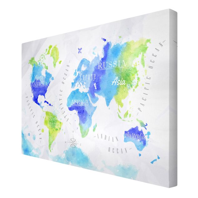 Stampa su tela - World Map watercolor blue green - Orizzontale 3:2