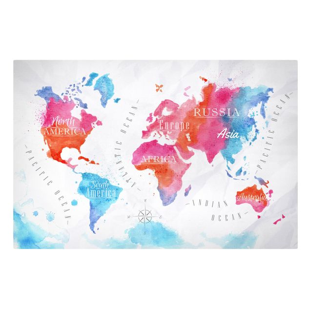 Stampa su tela - World Map watercolor red blue - Orizzontale 3:2