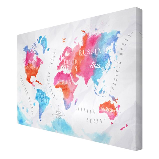 Stampa su tela - World Map watercolor red blue - Orizzontale 3:2