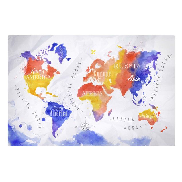 Stampa su tela - World Map watercolor purple red yellow - Orizzontale 3:2