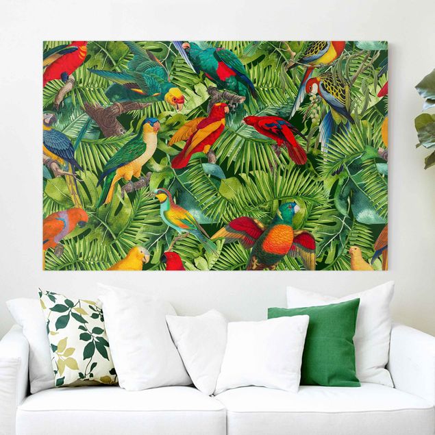 Quadri con uccelli Collage colorato - Pappagalli nella giungla