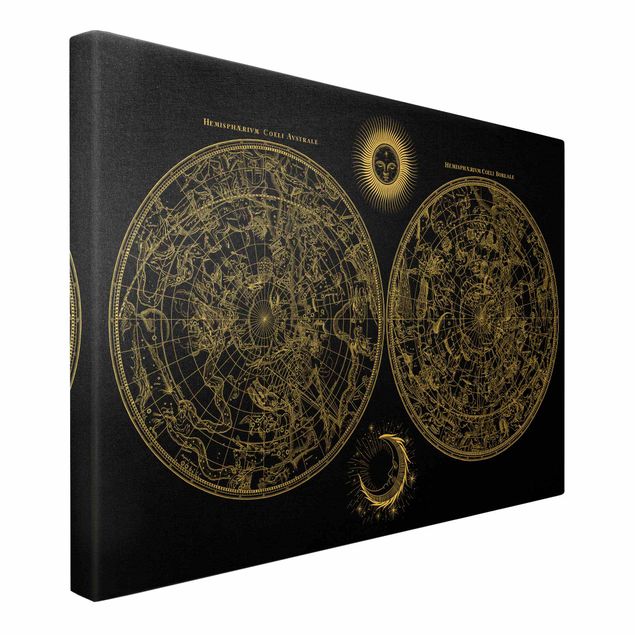 Quadro su tela oro - Antica carta celeste vintage in nero
