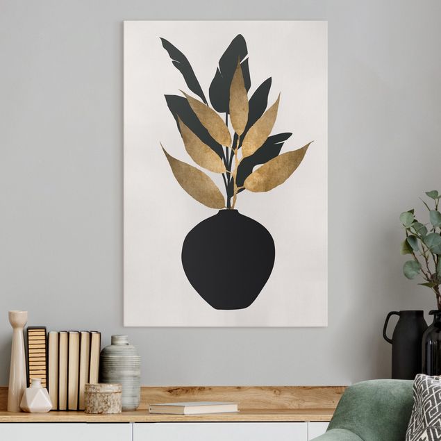 Quadro su tela fiori Mondo grafico delle piante - Oro e nero