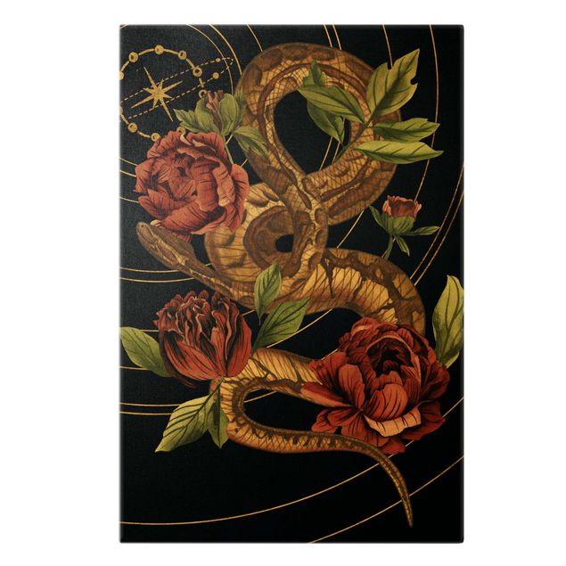 Stampe su tela animali Serpente con rose oro e nero IV