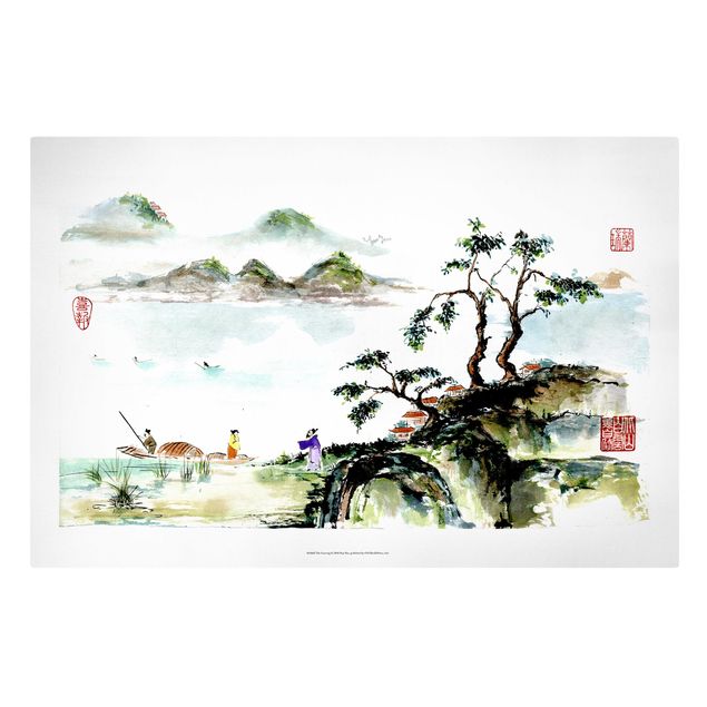 Stampa su tela Disegno giapponese ad acquerello di lago e montagne