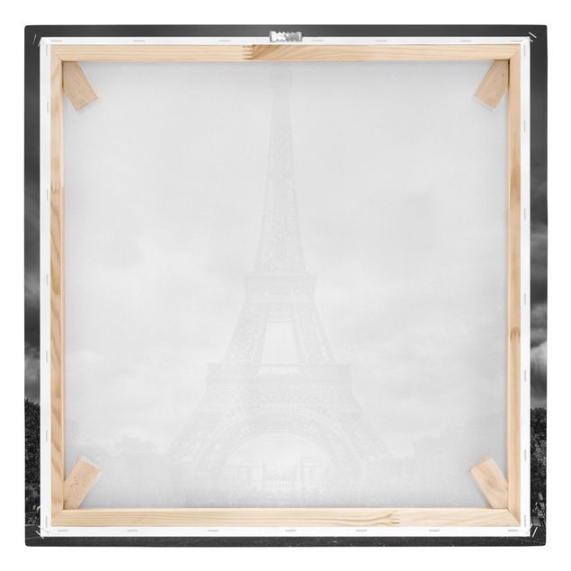 Stampa su tela - Torre Eiffel Davanti Nubi In Bianco e nero - Quadrato 1:1