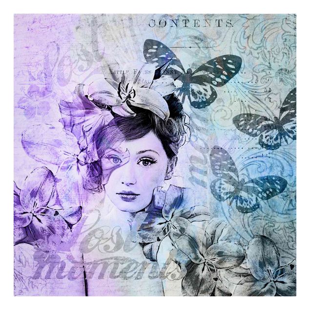 Stampe su tela animali Collage Shabby Chic - Ritratto con farfalle