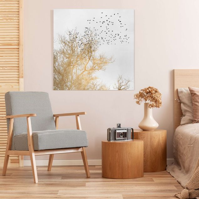 quadri con animali Stormo di uccelli davanti all'albero d'oro