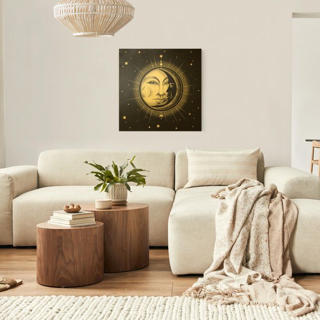 Quadro su tela oro - Illustrazione vintage di sole e luna