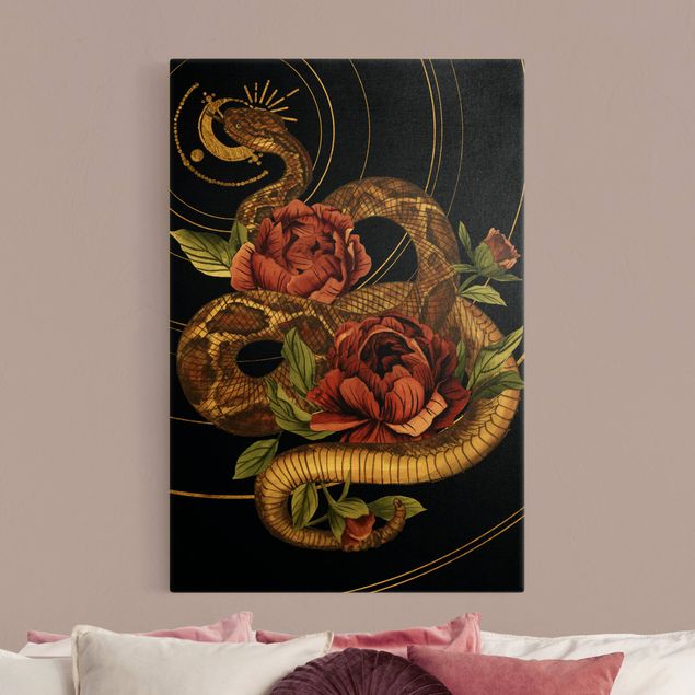 Tele rose Serpente con rose nero e oro I