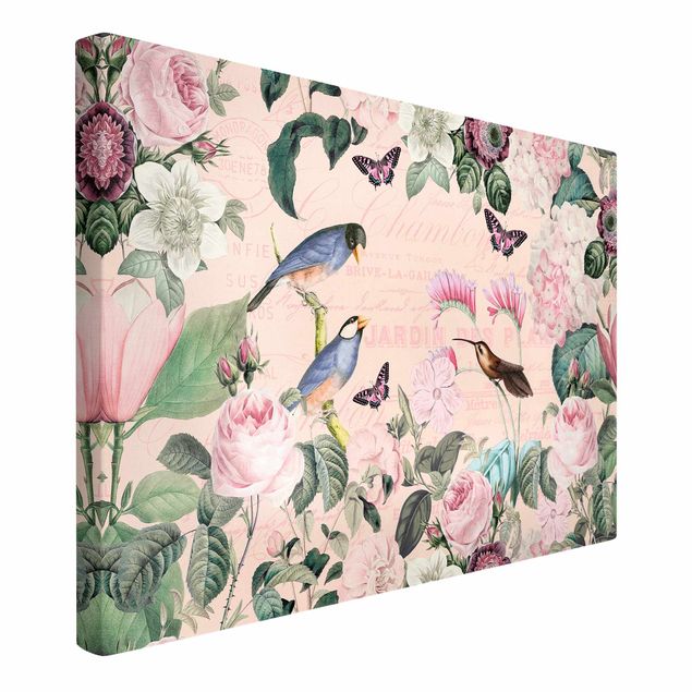 Quadro su tela fiori Collage vintage - Rose e uccelli