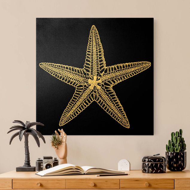 Stampa su tela oro Illustrazione di una stella marina in nero