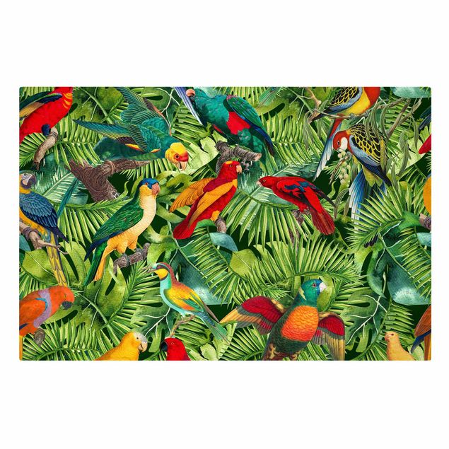 Quadro su tela animali Collage colorato - Pappagalli nella giungla